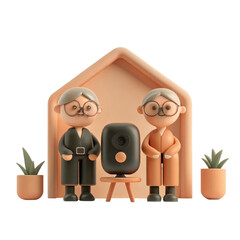 Stylized elderly couple with speaker and plants in a home setting. on Transparent background.