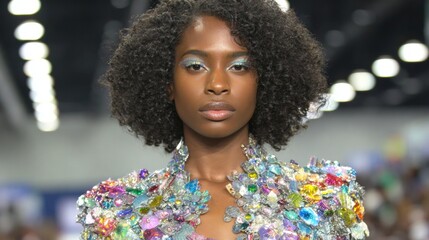 Model walks down runway in colorful outfit at fashion event in city center