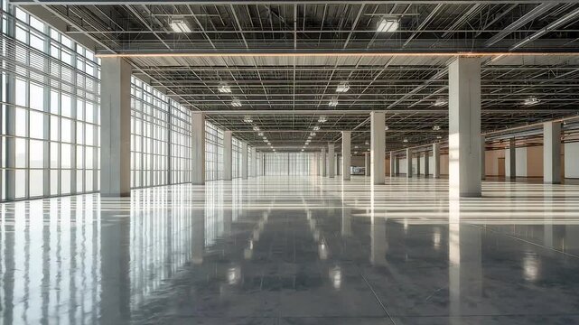 Large empty industrial warehouse interior with polished concrete floors, metal ceiling framework, wide open space, and bright natural window lighting
