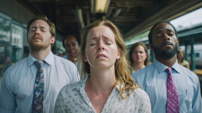 Young woman enduring the sweltering heat during her commute