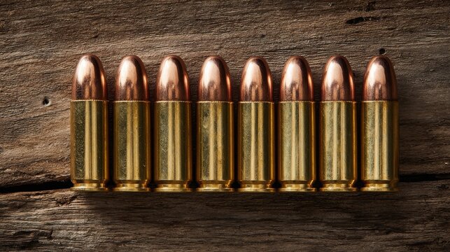Bullets are arranged in a straight line on a rustic wooden surface. The shiny copper tips and brass casings catch natural light. This setup shows a clear view of each bullet