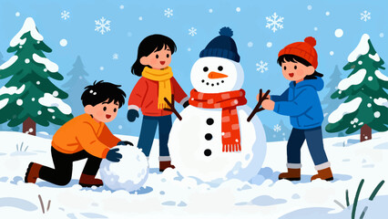 This cheerful winter illustration shows a child building a snowman (with a carrot nose and red scarf) in a snow-covered forest, with houses in the background and snow falling gently.