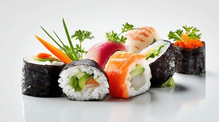Assorted Fresh Sushi Rolls and Nigiri on White Background