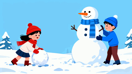 This cheerful winter illustration shows a child building a snowman (with a carrot nose and red scarf) in a snow-covered forest, with houses in the background and snow falling gently.