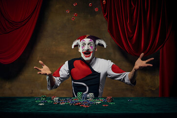 Jester smiling under falling red dice above scattered poker chips with joy. Concept of casino celebration scenes, entertainment visuals, and character-driven tabletop storytelling.