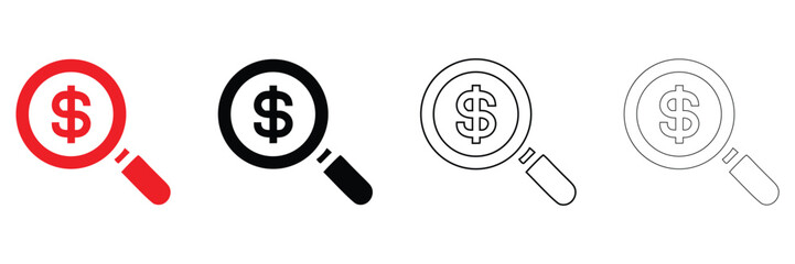 dollar search icon vector set, search sign symbol vector silhouette and line art
