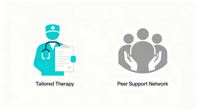 The elements of medical staff and mutual aid groups represent personalized therapy and peer support network concepts, suitable for medical services or health community promotion materials.
