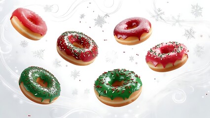 Festive Christmas donuts with red and green icing and sprinkles floating in a winter wonderland, perfect for holiday promotions and sweet treats