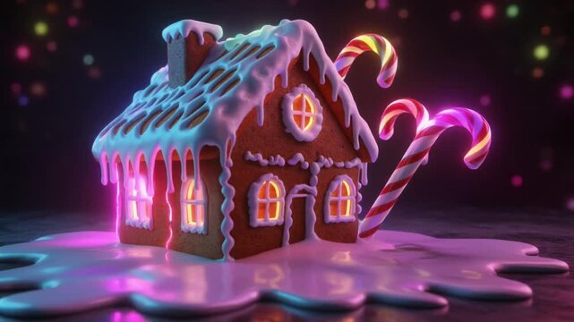 A psychedelic gingerbread house melts into swirling neon patterns as candy canes glow like LED tubes, creating a dreamy chromatic Christmas aesthetic perfect for vibrant holiday video stock.