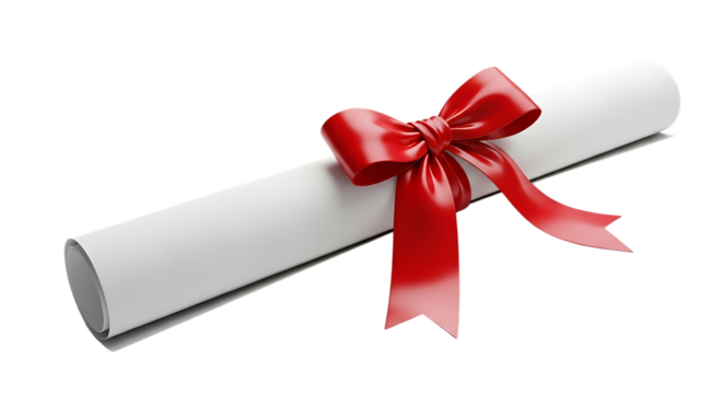 Rolled diploma or certificate tied with a red ribbon isolated on transparent background
