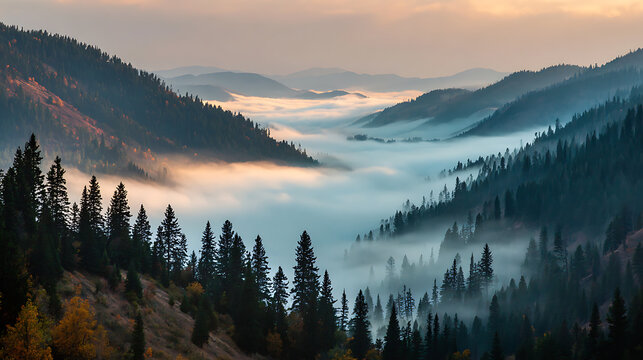 Layers of fog filling a valley at sunrise with forested hills on either side (1) - Powered by Adobe