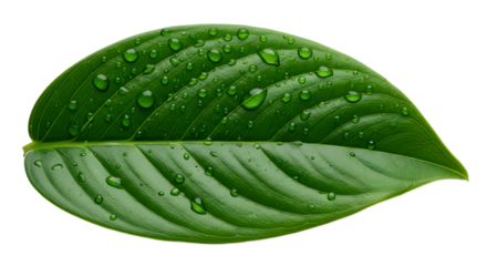 Single green leaf with water droplets isolated on transparent background