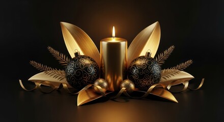 A glowing white candle burning with a warm flame on a dark black background creates a romantic candlelight decoration for a Christmas holiday or Advent celebration night