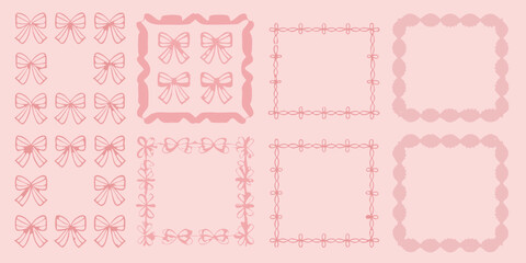 Cute pink bow and floral frames for invitations and graphic design