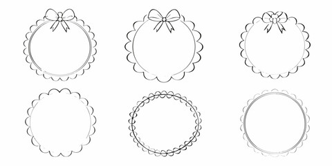 Collection of six round frames with scalloped edges and bows for design