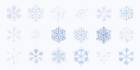 Collection of various hand drawn blue snowflakes on white background