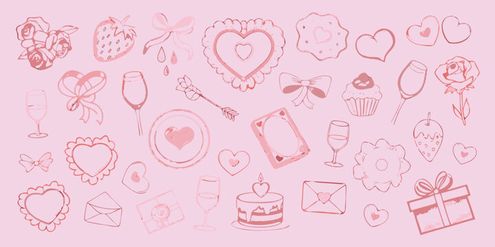 Romantic pink doodle icons for valentine s day or wedding design