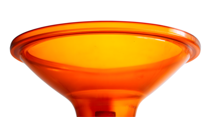 Close up of an orange funnel with a wide brim and a narrow base against a black background