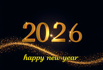Golden 2026 numbers with sparkling gold dust wave and text isolated on transparent background