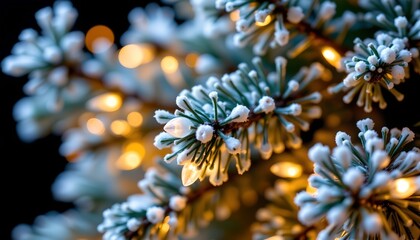 Frosted Evergreen Branch with Warm Fairy Lights Soft Focus