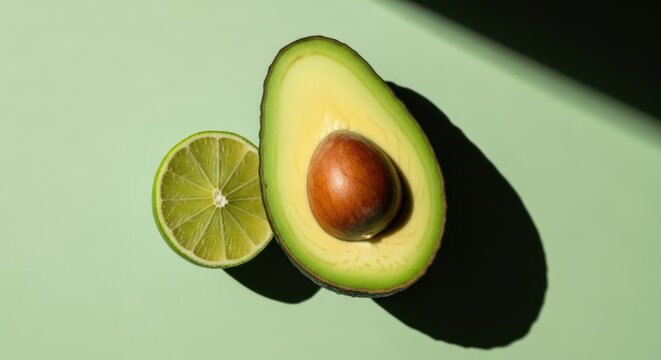 Half avocado with pit and lime slice on a green background