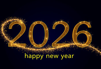 Golden 2026 numbers with sparklers and text happy new year isolated on transparent background