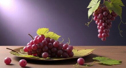 Lush red grapes on a leaflined plate and hanging from a vine