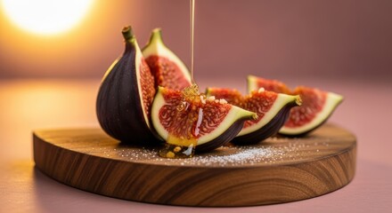 Fresh figs, sliced and drizzled with golden honey on a wooden board