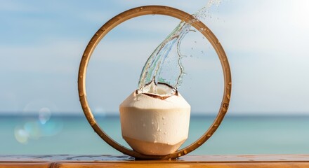 Fresh young coconut with water splashing, tropical ocean background