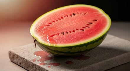Juicy half of a fresh watermelon with seeds on a rustic surface