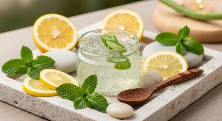 Refreshing lemonade with fresh mint and lemon slices on a tray