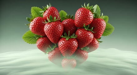 Fresh red strawberries in a heart shape with green leaves