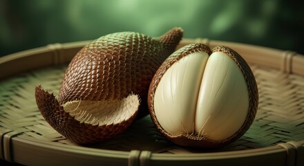 Exotic salak fruit, one peeled, on a traditional woven tray