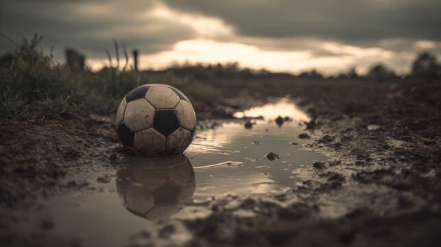 Soccer ball resting in a muddy puddle under a cloudy sky