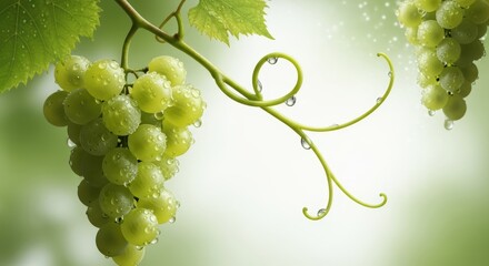 Green grapes with water droplets on a vine, fresh and vibrant