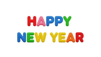 Colorful Happy New Year text made from magnetic letters on a white background.