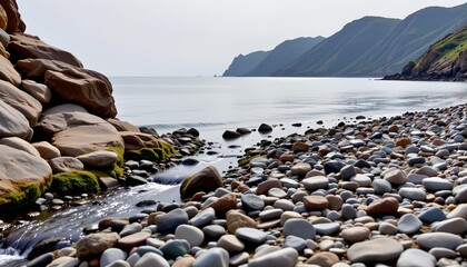 Serene Coastal Scene with Rocky Shore and Cliffs