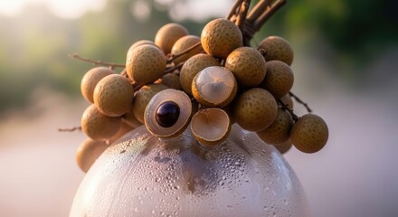 Bunch of longan fruit with one peeled on a misty surface