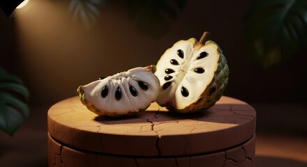 Soursop fruit cut open on a wooden pedestal with dramatic lighting