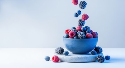 Mixed berries falling into a bowl on a light blue background