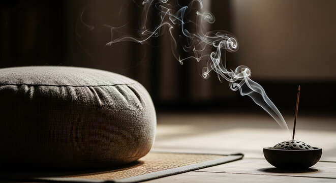 Zen Meditation Cushion and Incense Smoke in Soft Light image photo