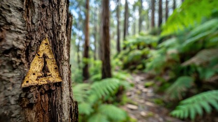 Obraz premium Trail marker painted on tree bark in a lush green forest