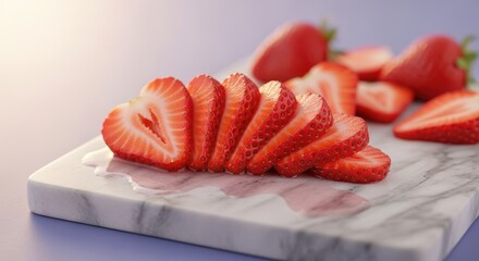 Sliced fresh strawberries on a white marble cutting board