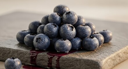Pile of fresh blueberries with juice on a dark stone surface