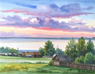 Watercolor painting of a village at sunset with vibrant sky over a lake