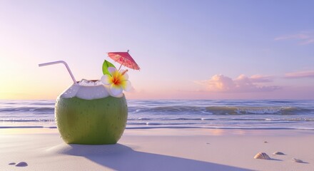 Refreshing coconut drink with umbrella on a sandy beach at sunset