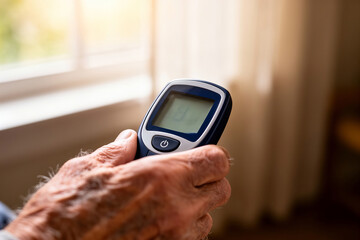 Capturing the Moment: Elderly Man Checking Blood Sugar Levels with Glucometer in Soft Natural Light