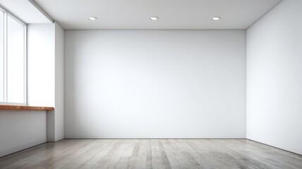 Bright empty room interior illuminated by recessed ceiling lights and natural window light