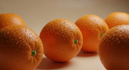 Fresh oranges with water droplets on a light background