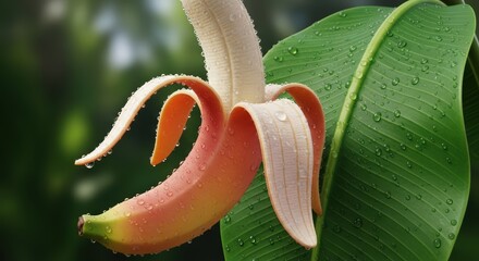 Partially peeled ripe banana with water droplets on a leaf